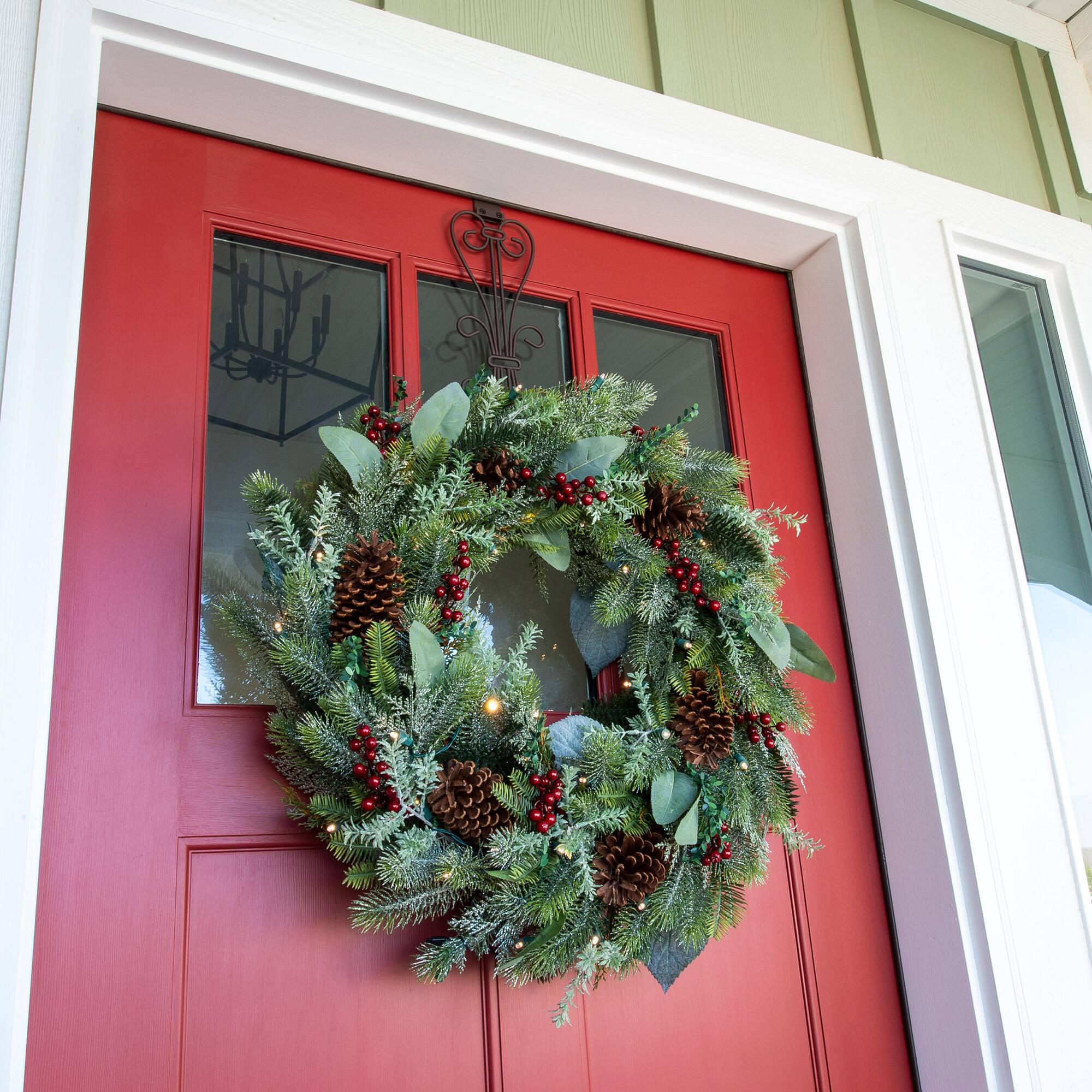Village Lighting 30" Pre-Lit Winter Frost Christmas Wreath, Clear LED Lights